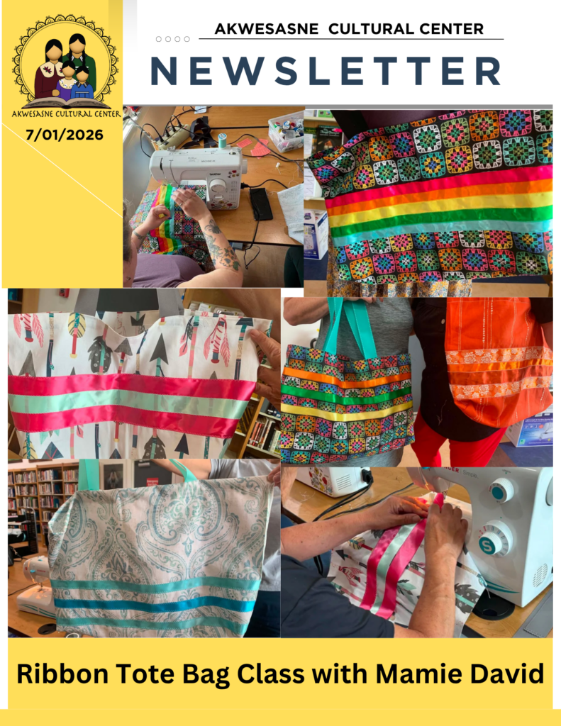 Ribbon Tote Bag Class with Mamie David.

Images display completed ribbon tote bags, students working on their ribbon totes, and students holding their completed tote bags. 